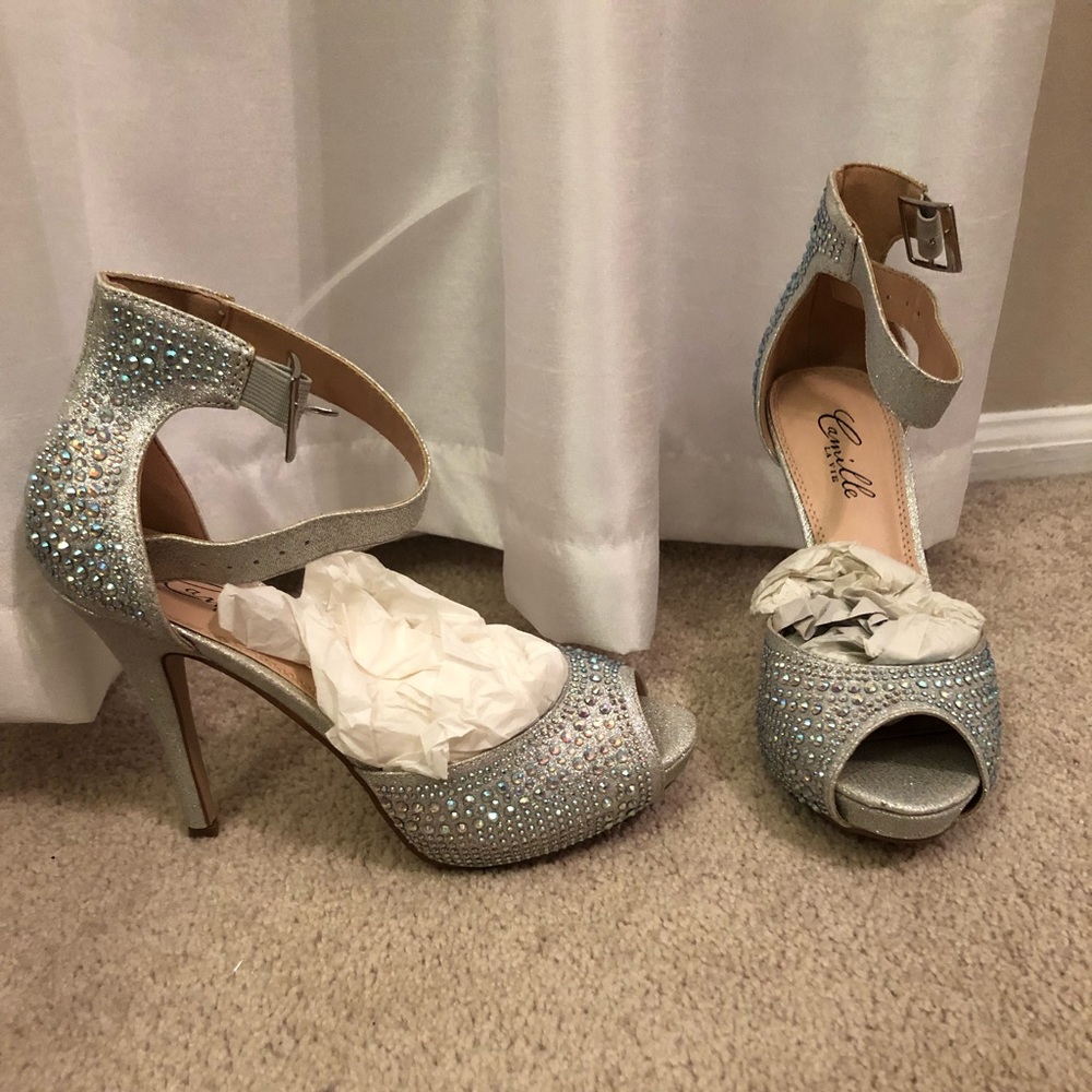 Camille la vie silver rhinestone ankle strap heels